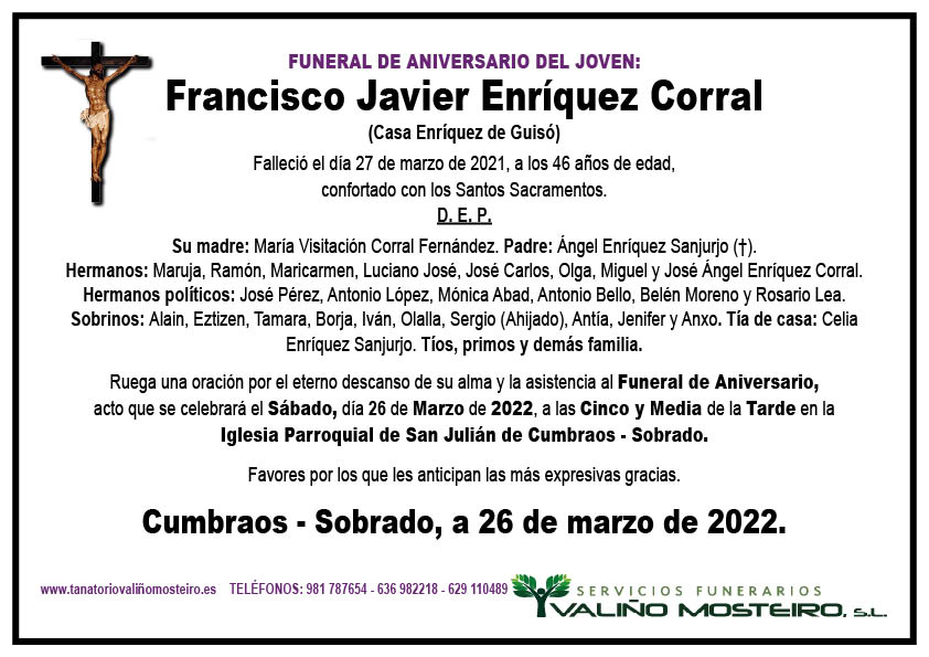 Esquela de Francisco Javier Enríquez Corral.